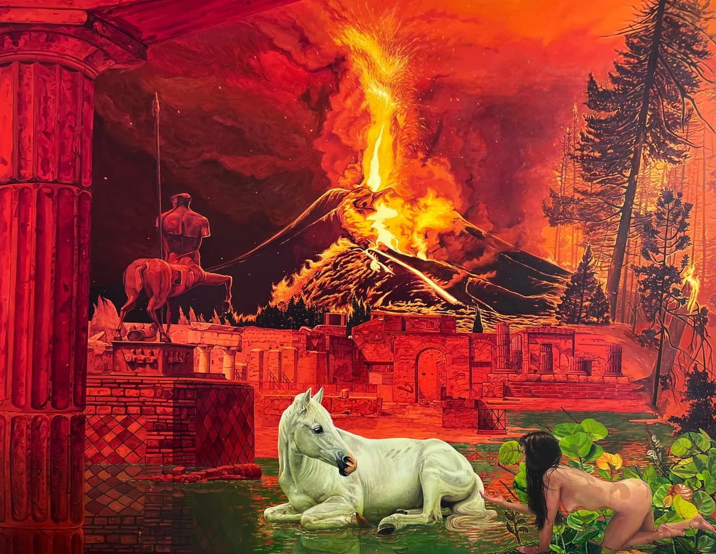 A volcanic eruption bathes Roman ruins in red; in the foreground a white horse lies in green water as a nude woman crawls toward it through sea-grape leaves, an equestrian statue silhouetted against the fire.