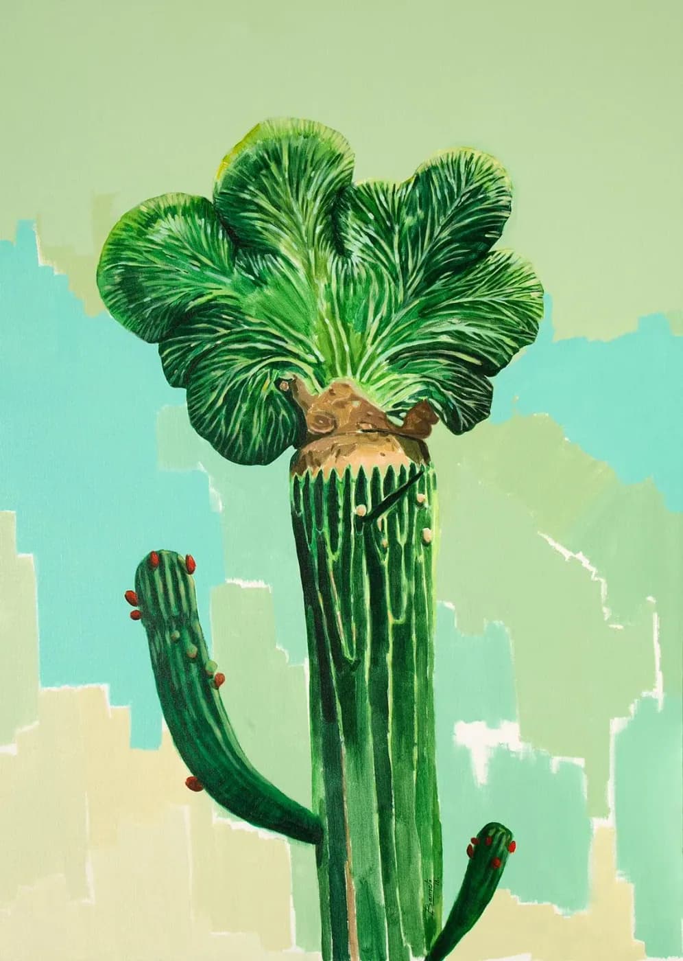 Un alto cactus verde coronado por un abanico de lóbulos como hojas, sobre un fondo de parches verde pálido y turquesa.