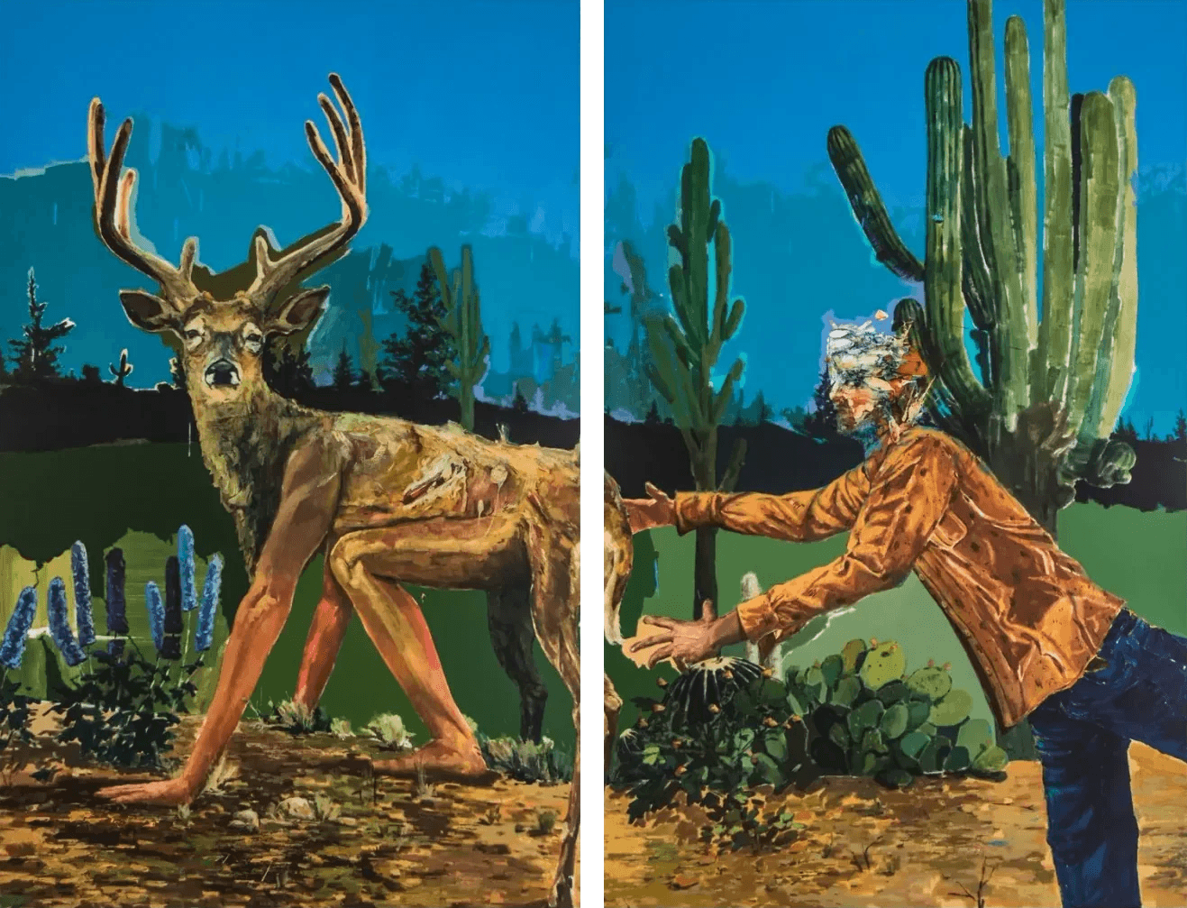 Two panels: a stag-headed figure on all fours with a human body, and a person in an orange jacket reaching out before tall cacti, under a deep blue sky.