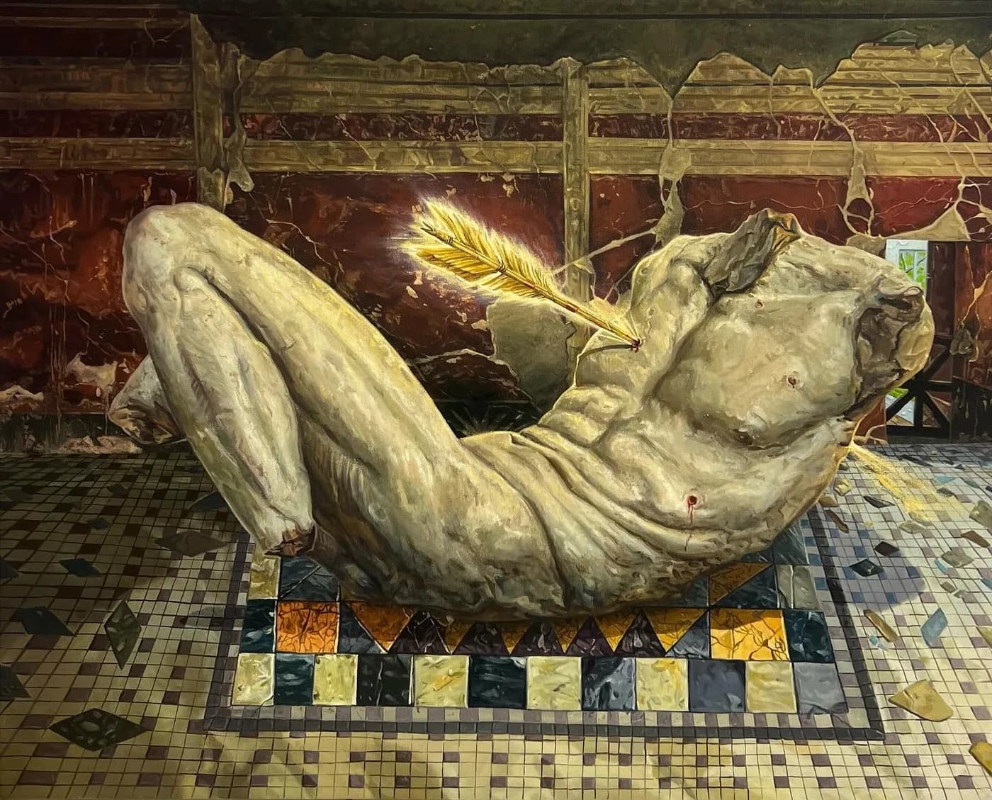 A headless marble torso lies on a mosaic floor in a red-walled room, a glowing golden arrow through its chest and blood at its wounds.
