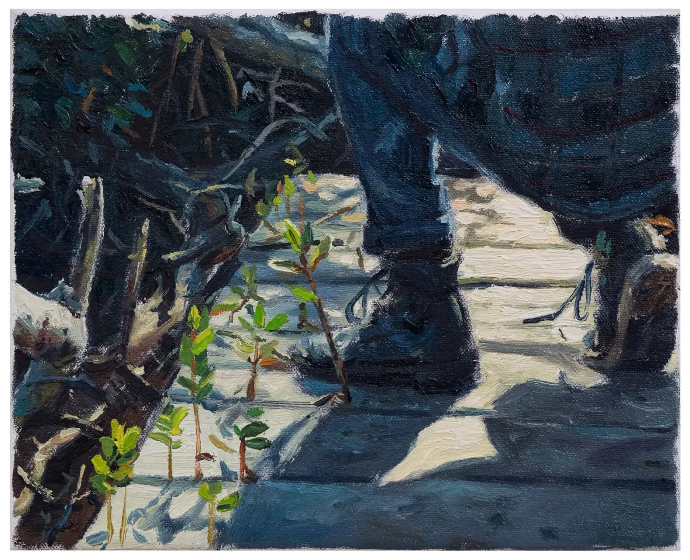 Las botas y los jeans de alguien que camina por un paseo de madera soleado, con brotes verdes entre los tablones y una larga sombra delante.